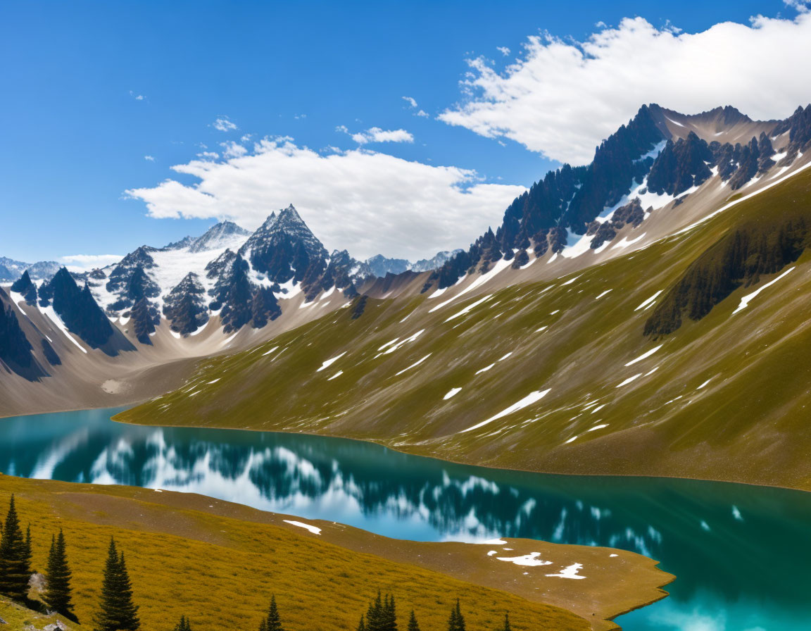 Tranquil alpine lake with snow-capped mountains & lush green slopes