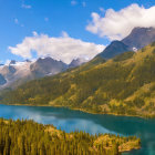 Tranquil alpine lake with snow-capped mountains & lush green slopes