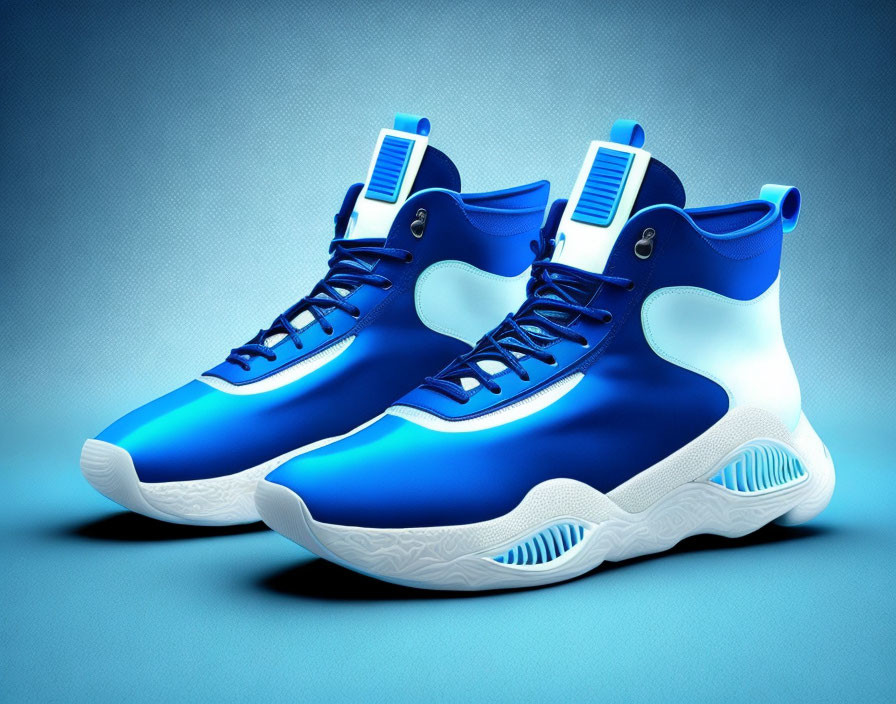 Blue and White High-Top Basketball Sneakers on Blue Background