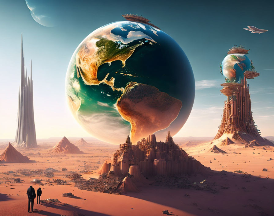 Fantastical desert landscape with colossal structures and oversized floating planets.