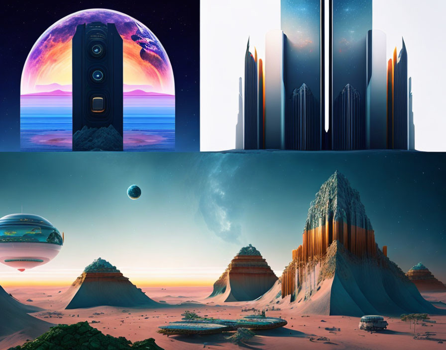 Futuristic Collage Featuring Phone, Cityscape, Flying Saucers, & Advanced Structures