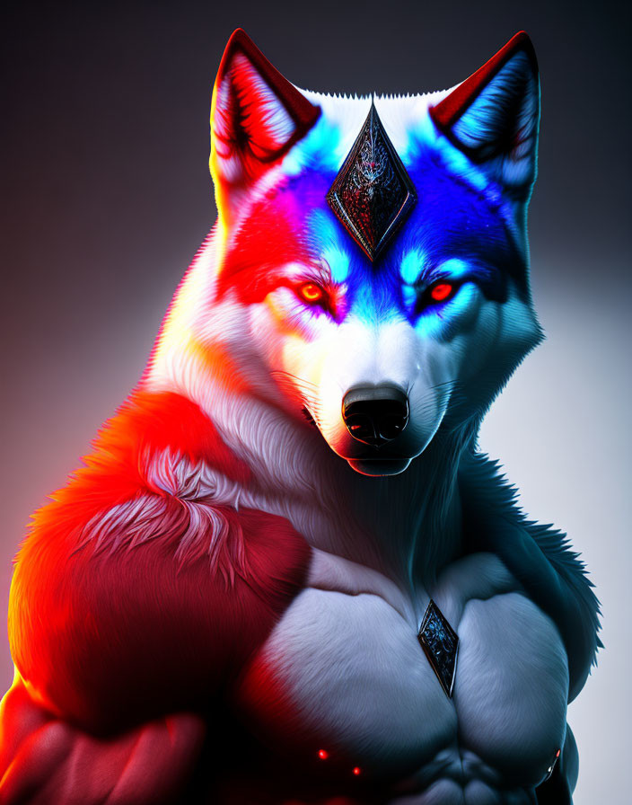 Colorful anthropomorphic wolf illustration with mystical details