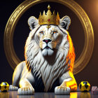 Anthropomorphic lion with golden crown in royal attire against fiery backdrop