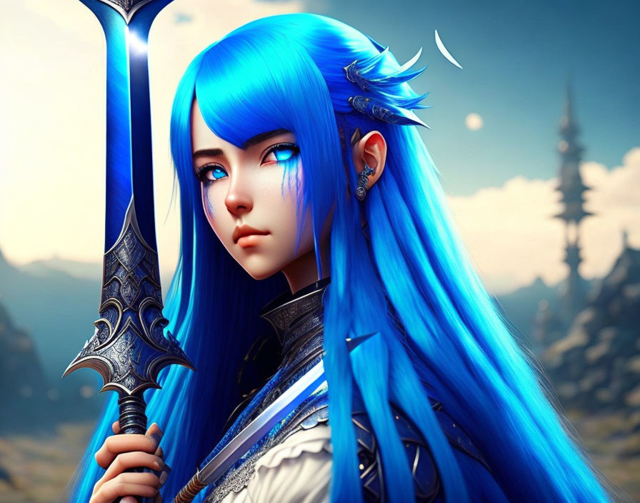 Illustration of Female Warrior with Blue Hair and Ornate Armor