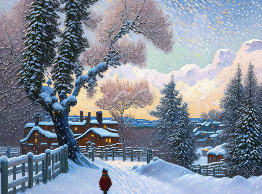 Winter scene: Person walking to cottages in snowfall