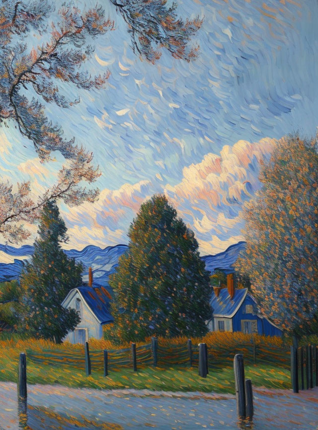 Impasto rural landscape painting with blue-roofed houses and autumn trees