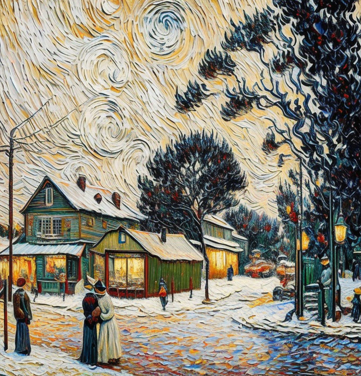 Snow-covered village scene with swirling skies and cozy houses in vibrant impressionist style