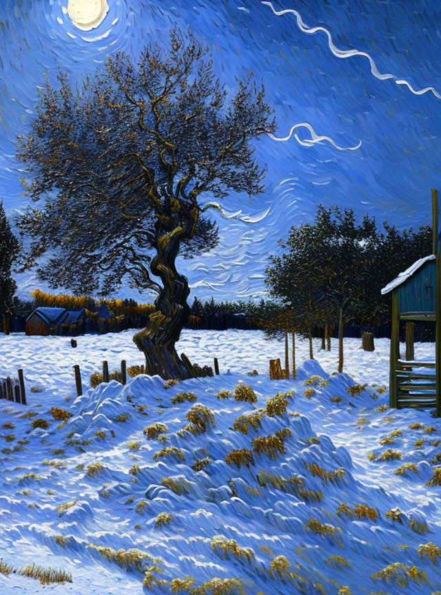 Twisted tree under starry night sky with crescent moon in snow-covered landscape