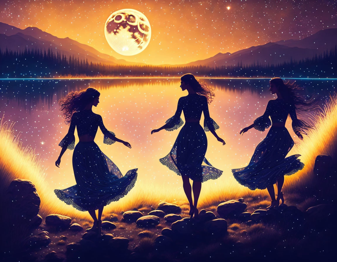 Silhouetted Figures Dancing by Lakeside Under Full Moon