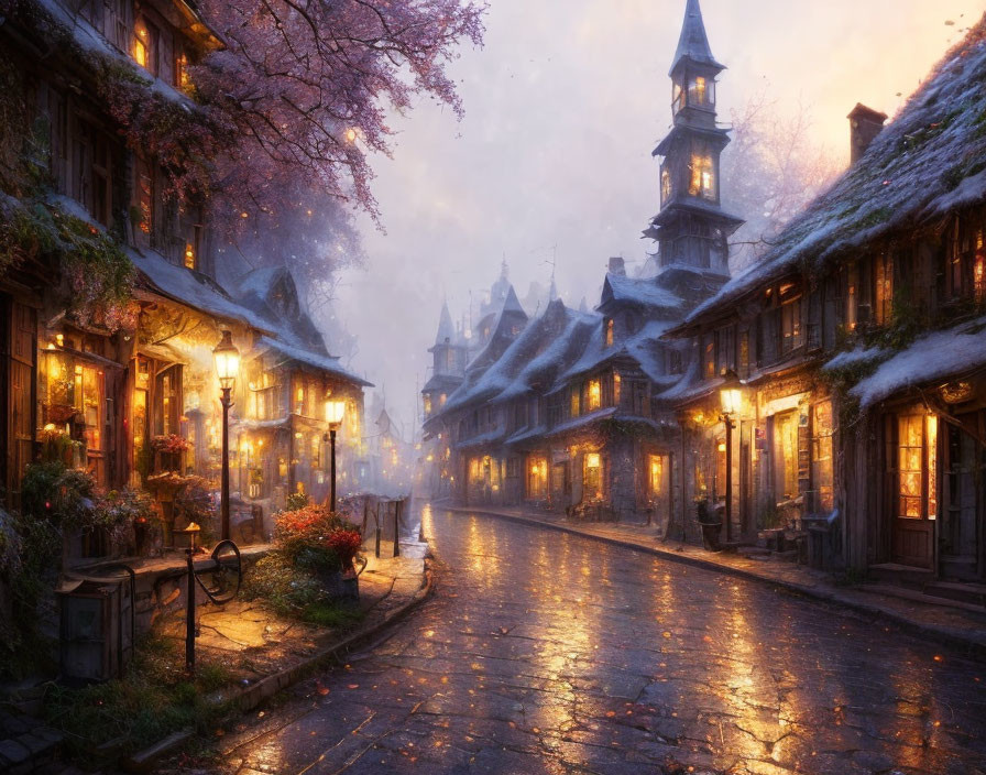 Traditional houses on cobblestoned street under twilight sky.