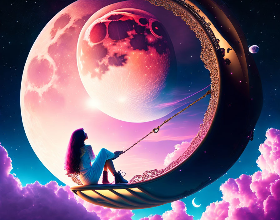 Digital art: Woman on crescent moon swing in surreal cosmic scene