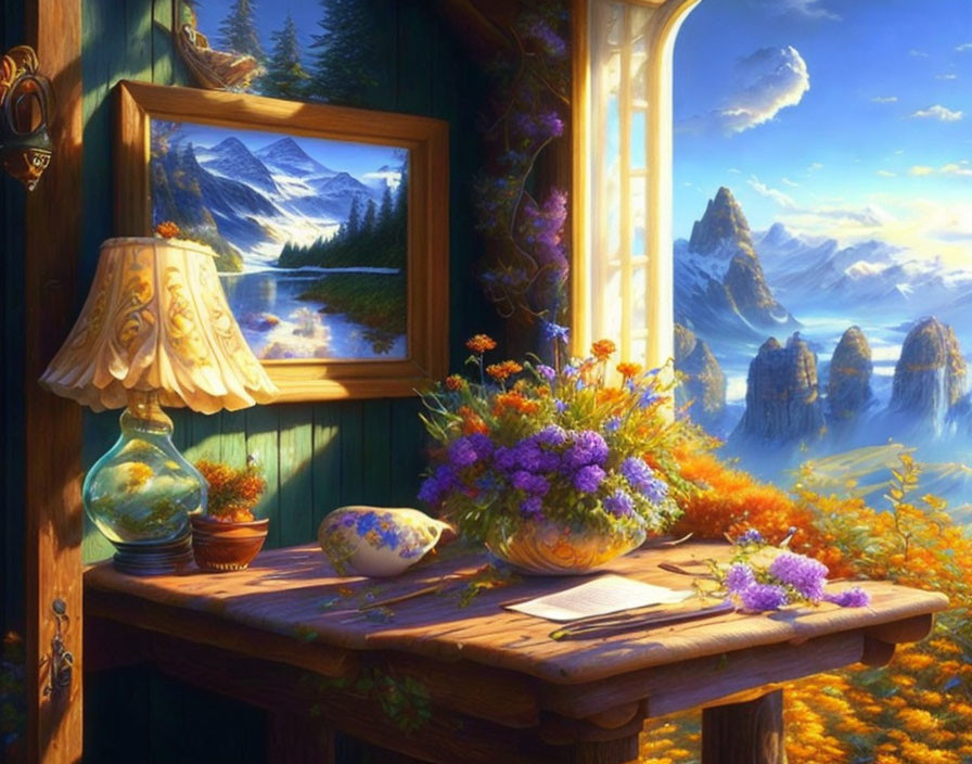 Colorful mountain landscape painting beside rustic table with wildflowers, lamp, globe, and paper