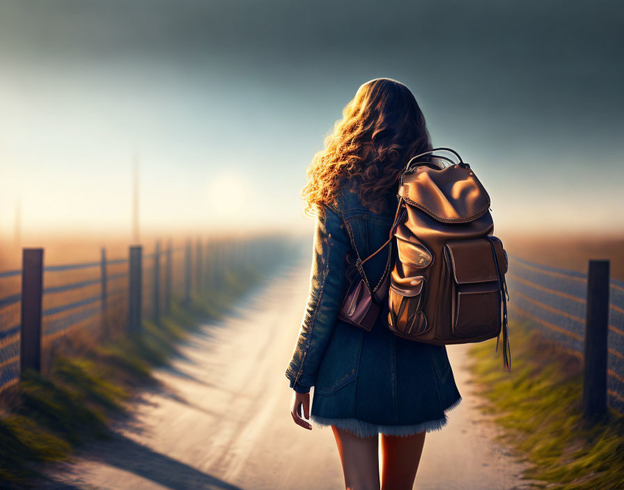 Curly-haired woman with backpack on rural road at sunrise or sunset