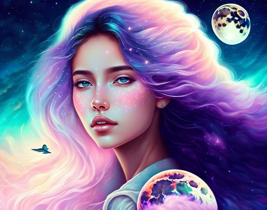 Colorful cosmic hair woman in starry background with planets and bird