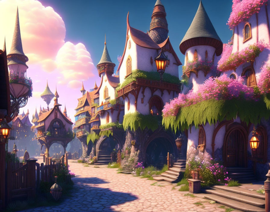 Whimsical fantasy village with lush greenery and purple flowers at sunset