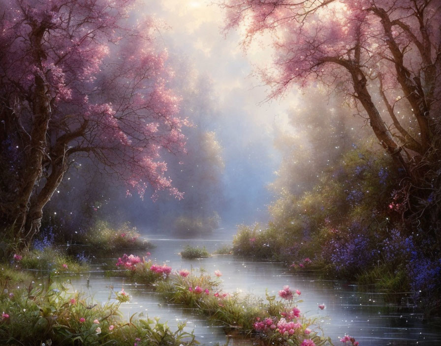 Tranquil river with cherry blossoms and wildflowers in soft sunlight