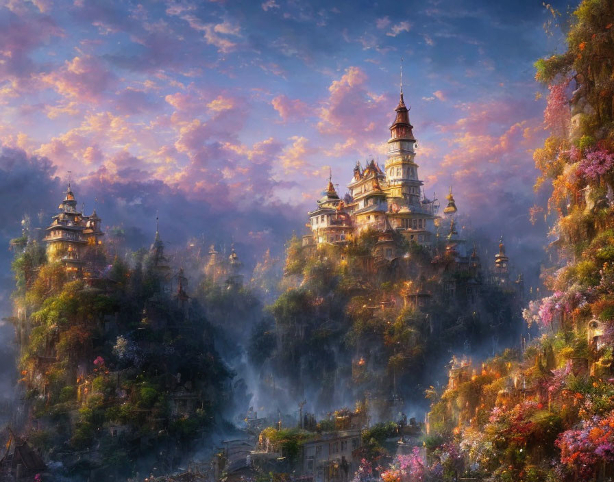 Majestic castle in fantastical landscape with lush flora and dreamy sky