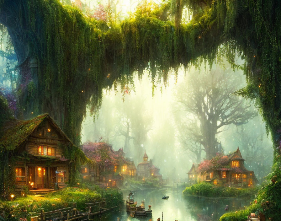 Enchanting Forest Village with Glowing Lights and Moss-Covered Trees