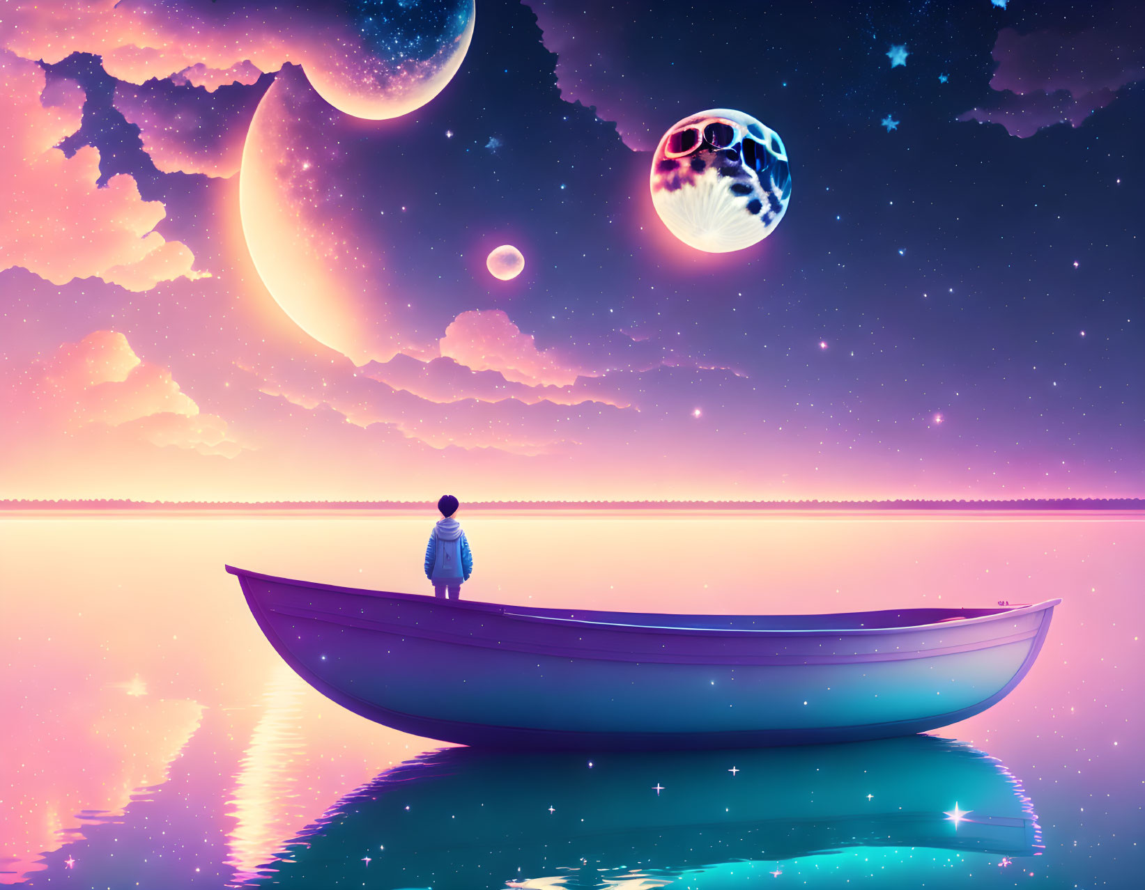 Person in Boat Gazing at Surreal Sky with Crescent Moon