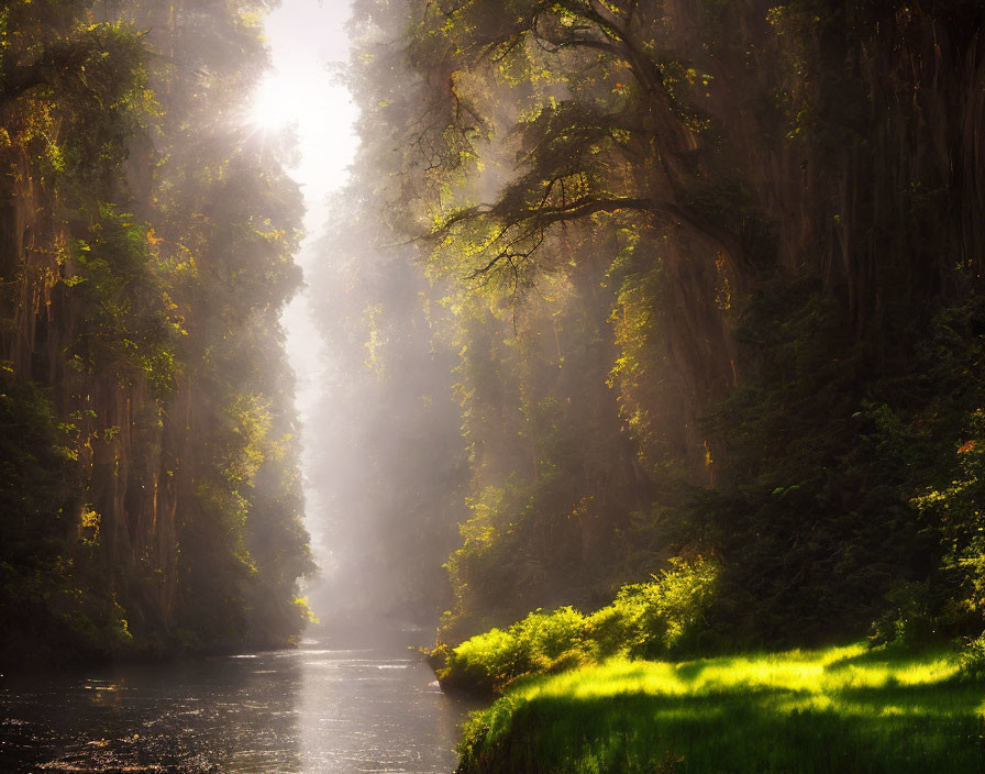 Misty forest with serene river and vibrant green foliage