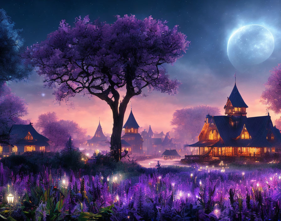 Twilight scene of mystical village with illuminated tree and large moon