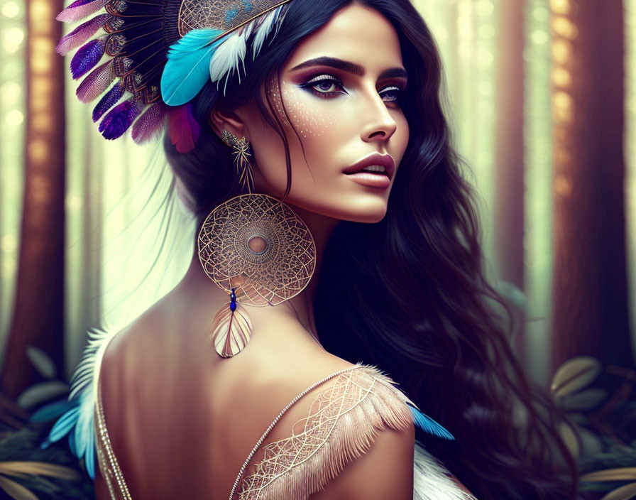 Detailed feather headdress woman with dreamcatcher earrings in lush greenery.