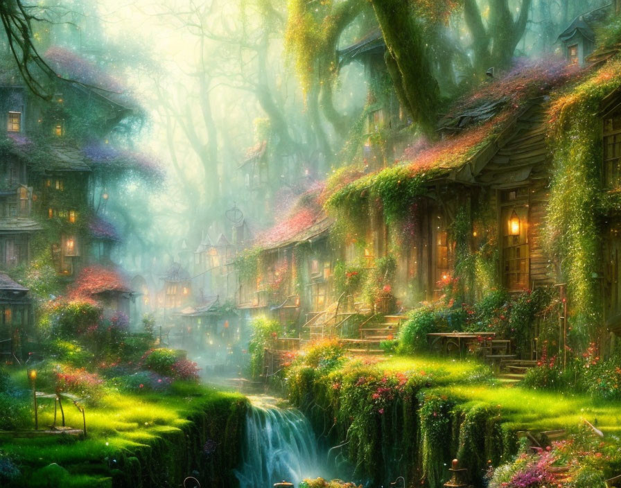 Scenic forest village with waterfalls, greenery, quaint houses, vines, and mist