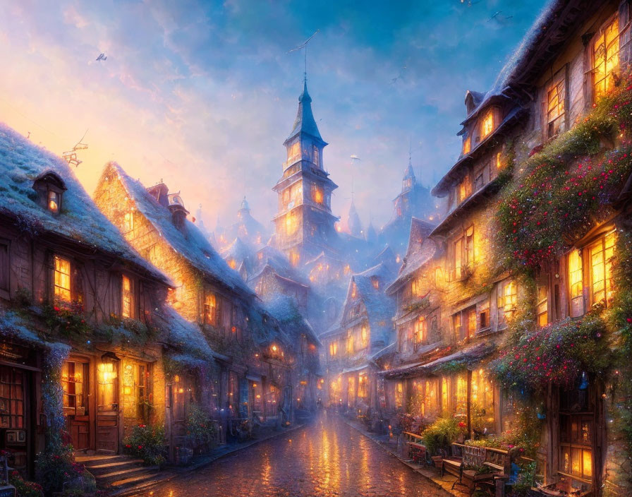 Enchanting village scene at dusk with illuminated windows and cobblestone streets