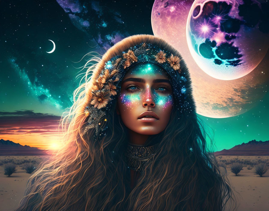 Portrait of woman with galaxy complexion in night sky and desert sunset.