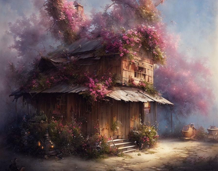 Charming old wooden house with pink vines in dreamlike setting