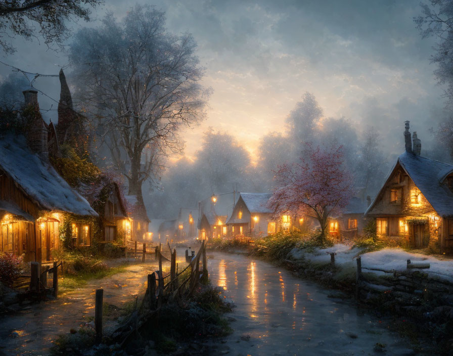 Snowy village at dusk with glowing lights and icy path