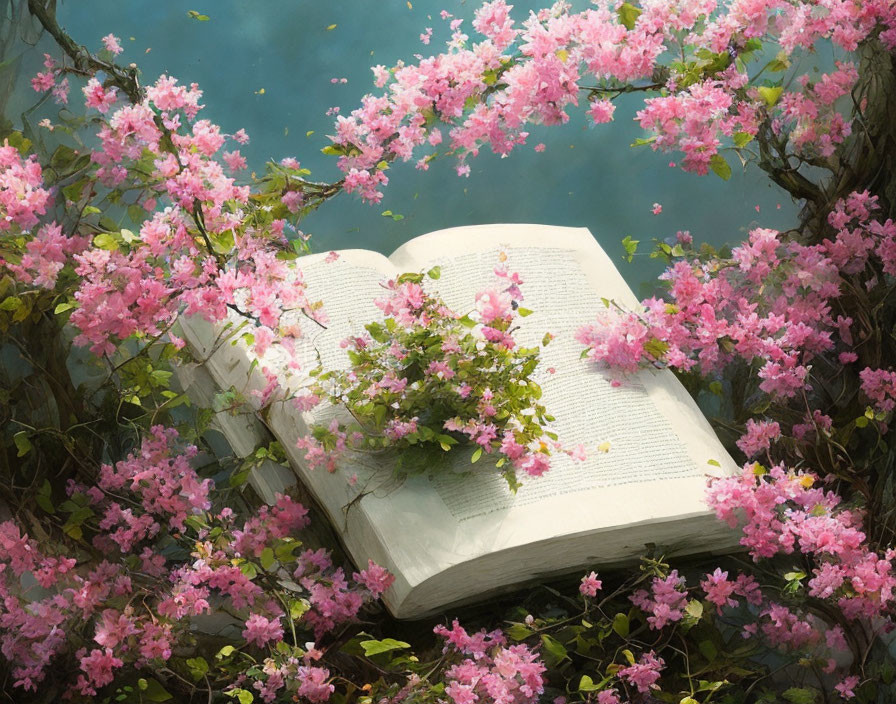 Open book with pink blossoms on serene blue water