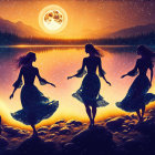 Silhouetted Figures Dancing by Lakeside Under Full Moon