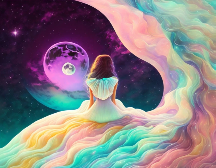 Woman in white dress on cosmic swirl gazes at purple moon