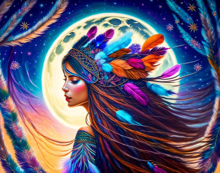 Colorful Artwork: Woman with Feathered Hair in Moonlit Cosmic Scene