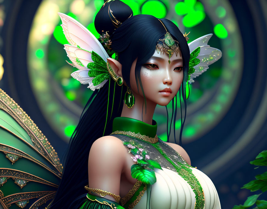 Fantasy Female Elf with Delicate Features and Butterfly Wings in Green and Gold Attire