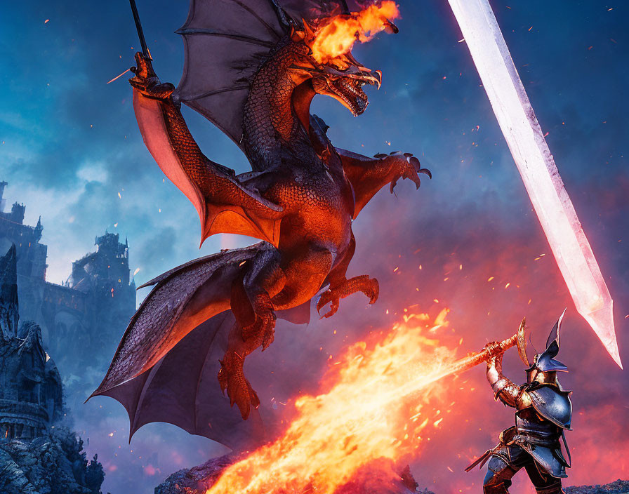 Knight in armor faces fiery dragon with castle backdrop