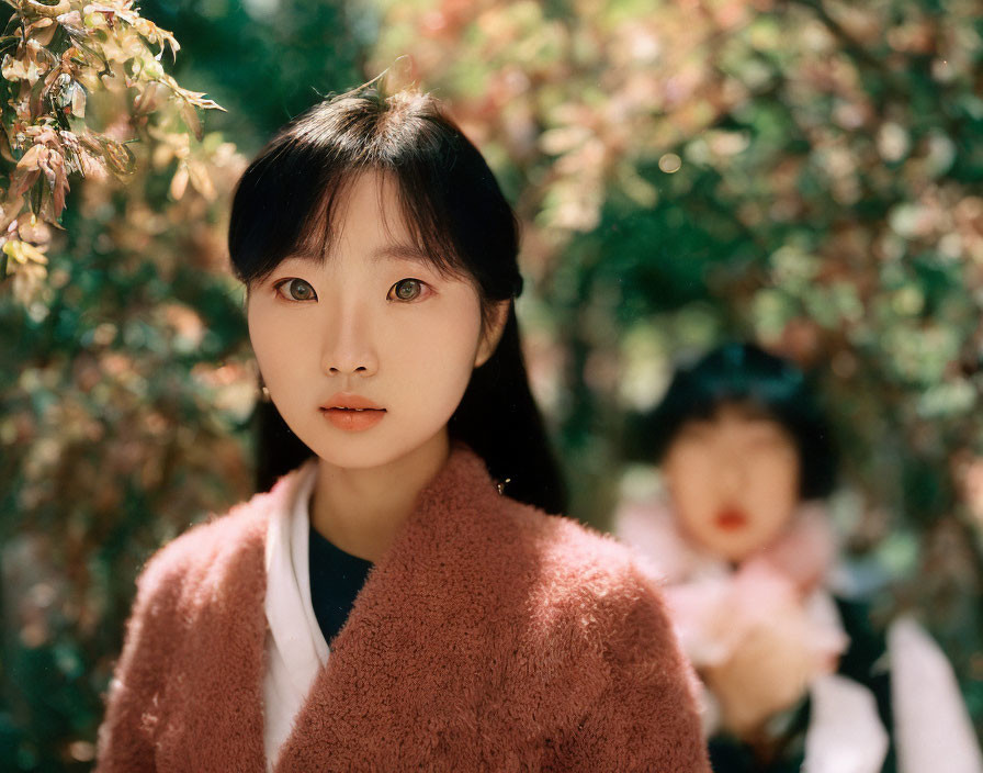 Dark-haired woman in pink shawl gazes at camera with blurred green foliage and doll.