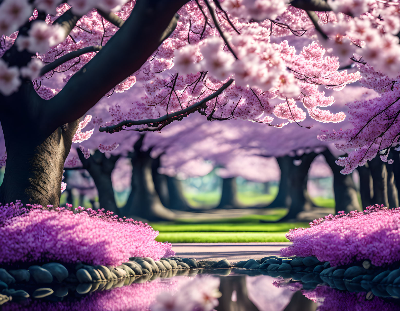 Tranquil Landscape with Pink Cherry Blossoms and Purple Flowers