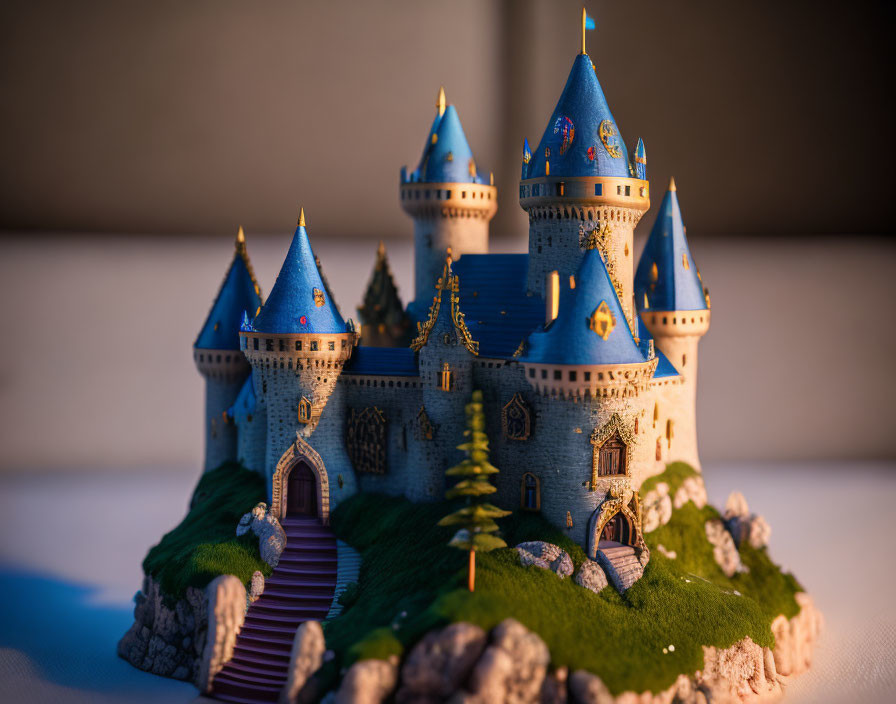 Detailed Miniature Fairy Tale Castle with Blue Roofs and Surrounding Landscape