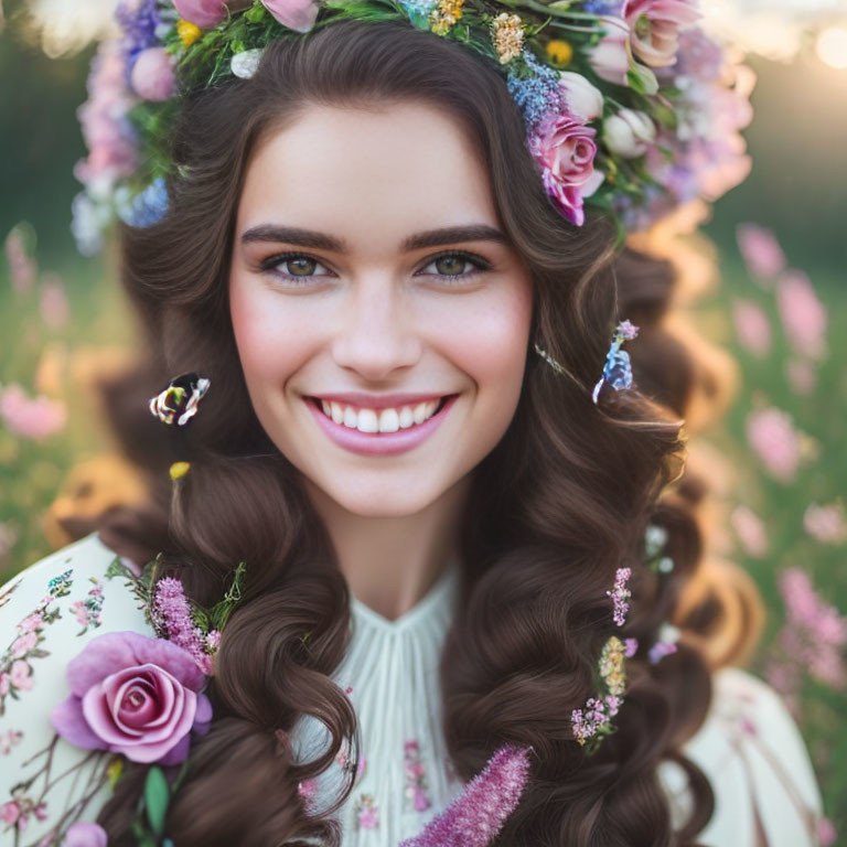 Smiling woman with floral wreath in flower-filled scene