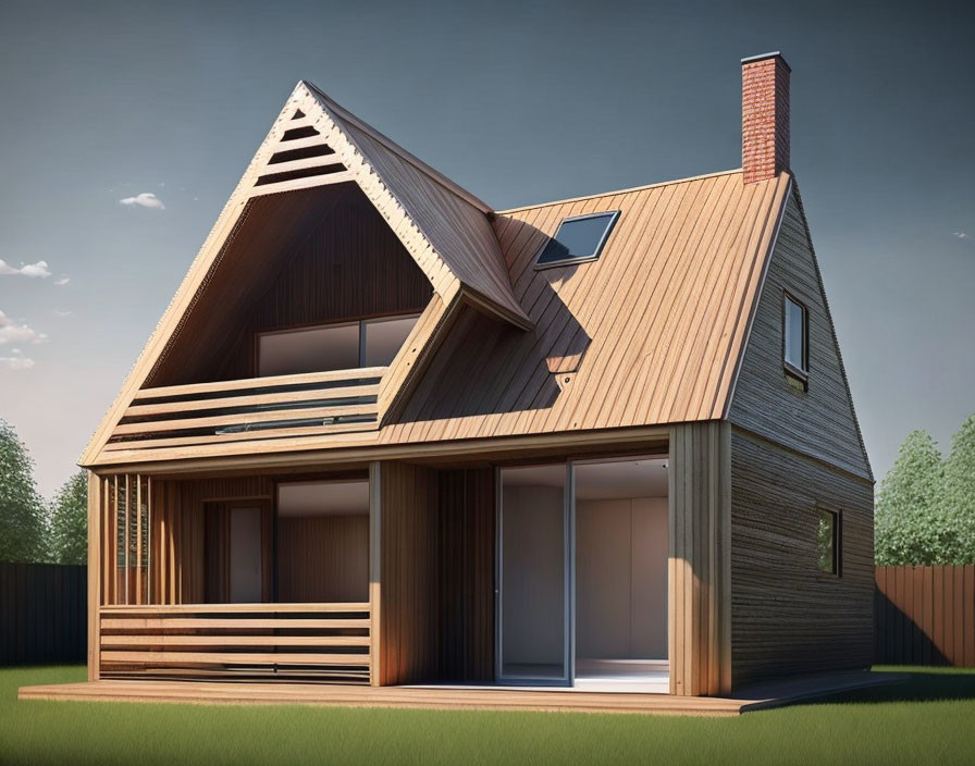 Modern triangular A-frame house with large glass doors, wooden siding, brick chimney, on manicured lawn