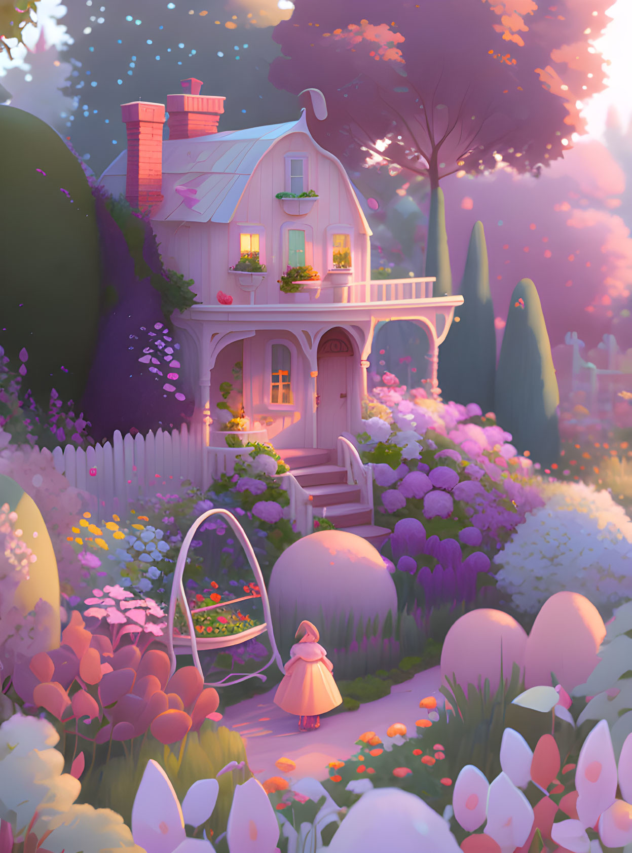 Whimsical cottage in vibrant garden with child at dusk