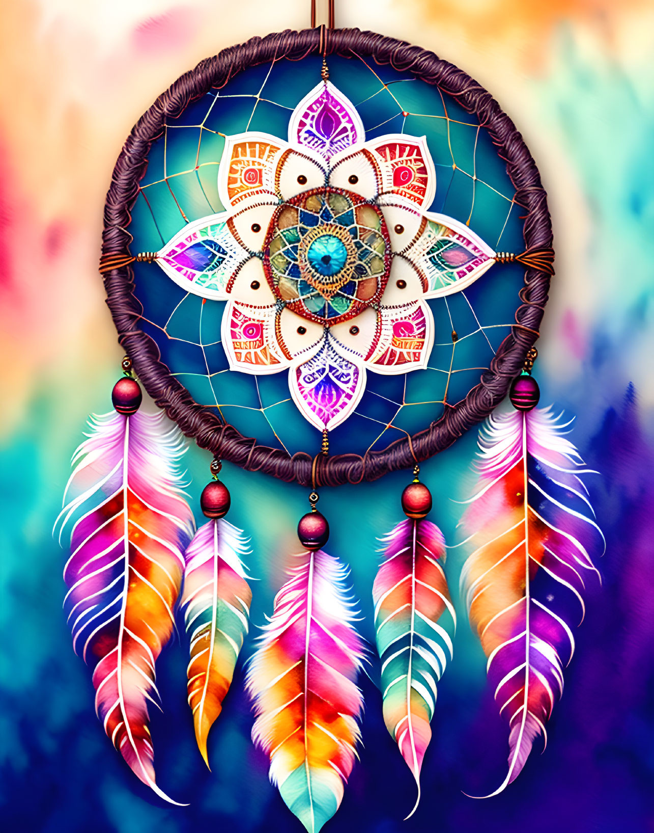 Colorful Dreamcatcher with Intricate Patterns and Vibrant Feathers on Tie-Dye Background