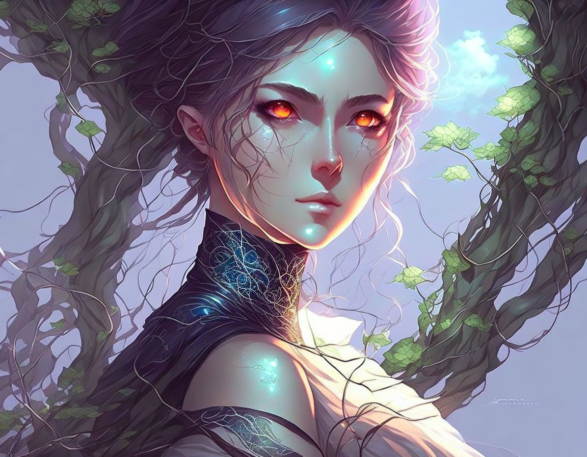 Ethereal female figure with red eyes in nature setting