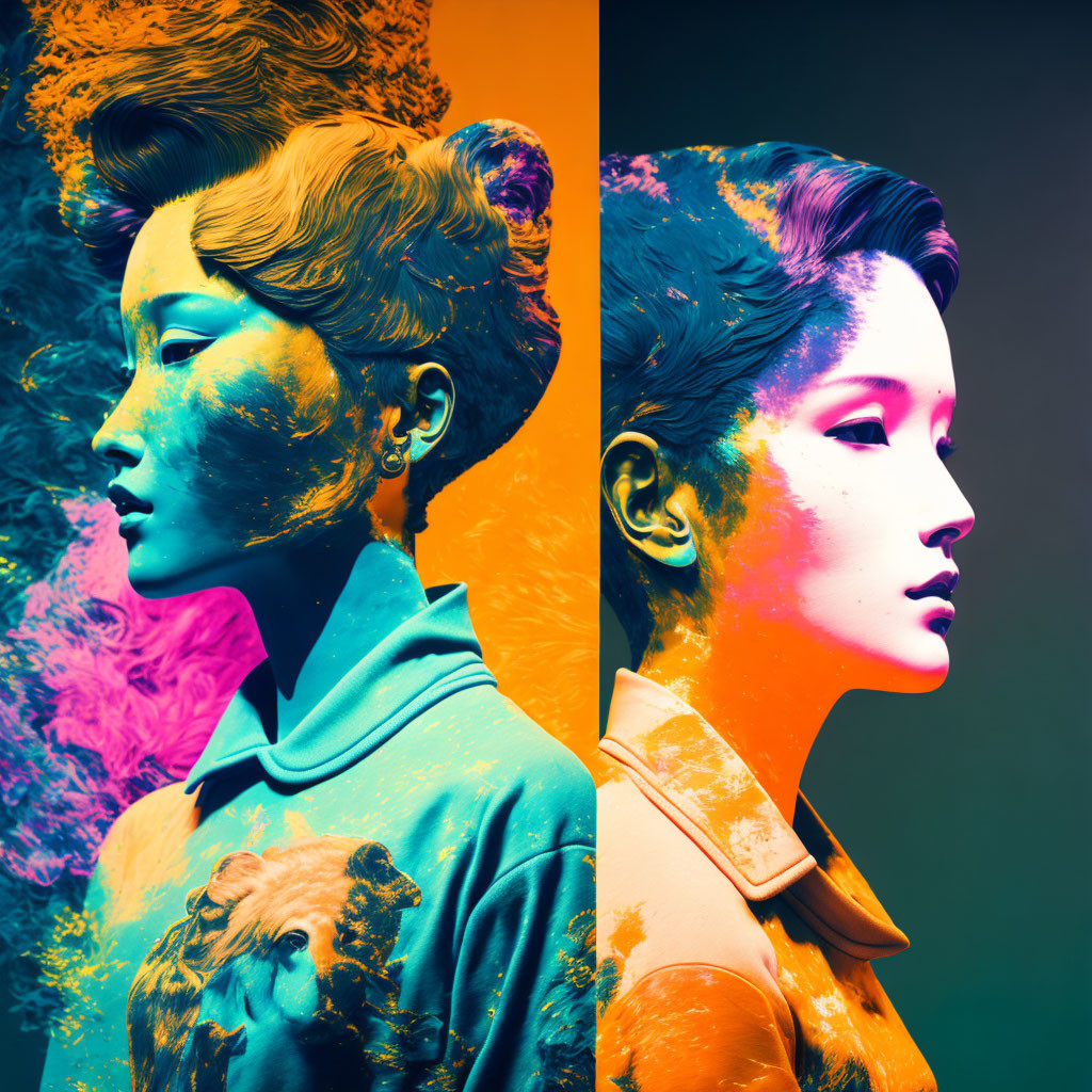 Stylized woman profiles in vibrant orange and blue hues with abstract color splashes.