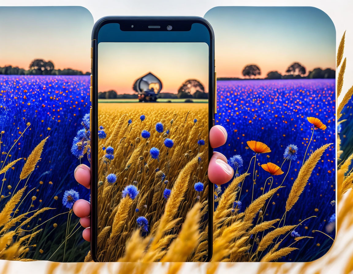 Smartphone captures sunset over wheat field with blue and red flowers