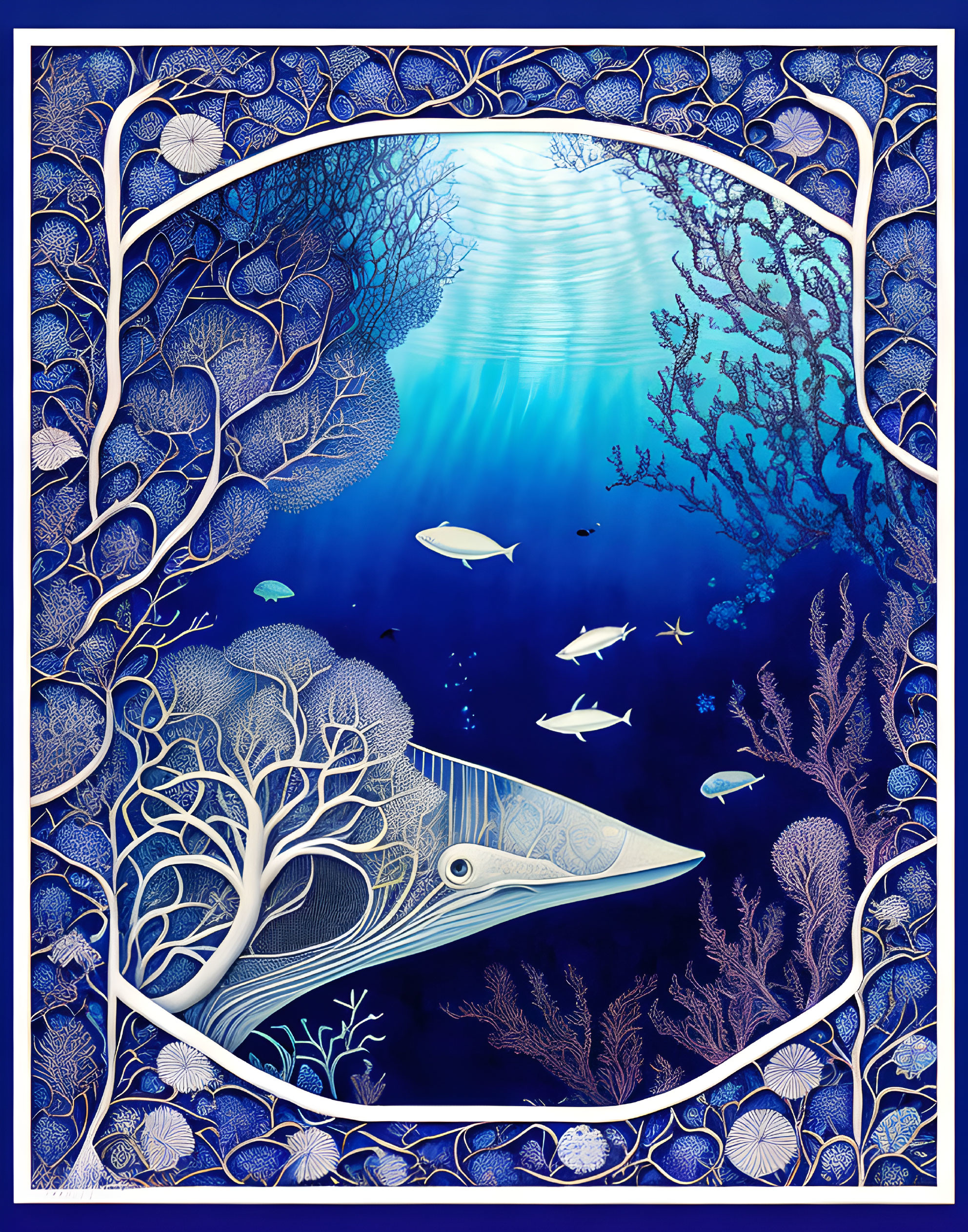 Detailed underwater scene with whale, fish, coral, and plants in ornate frame