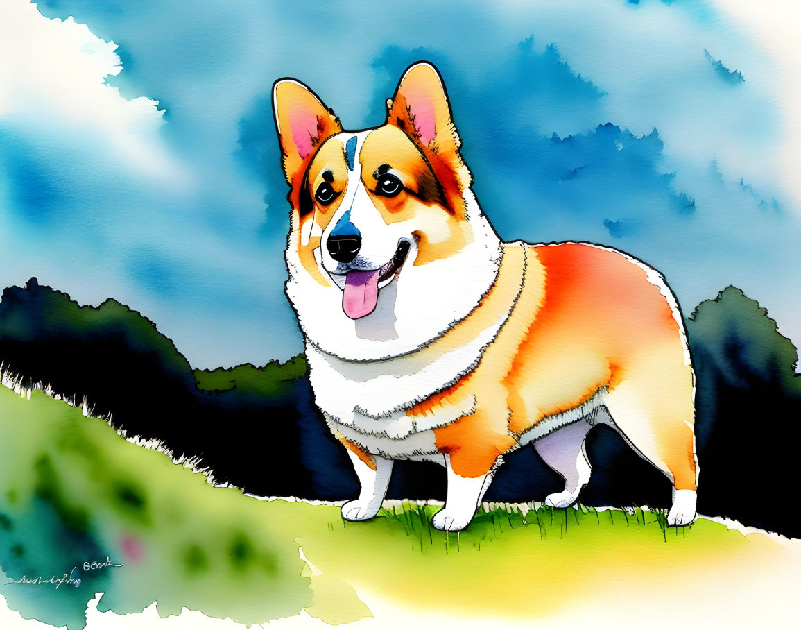 Happy Corgi Outdoors with Blue and Green Watercolor Background