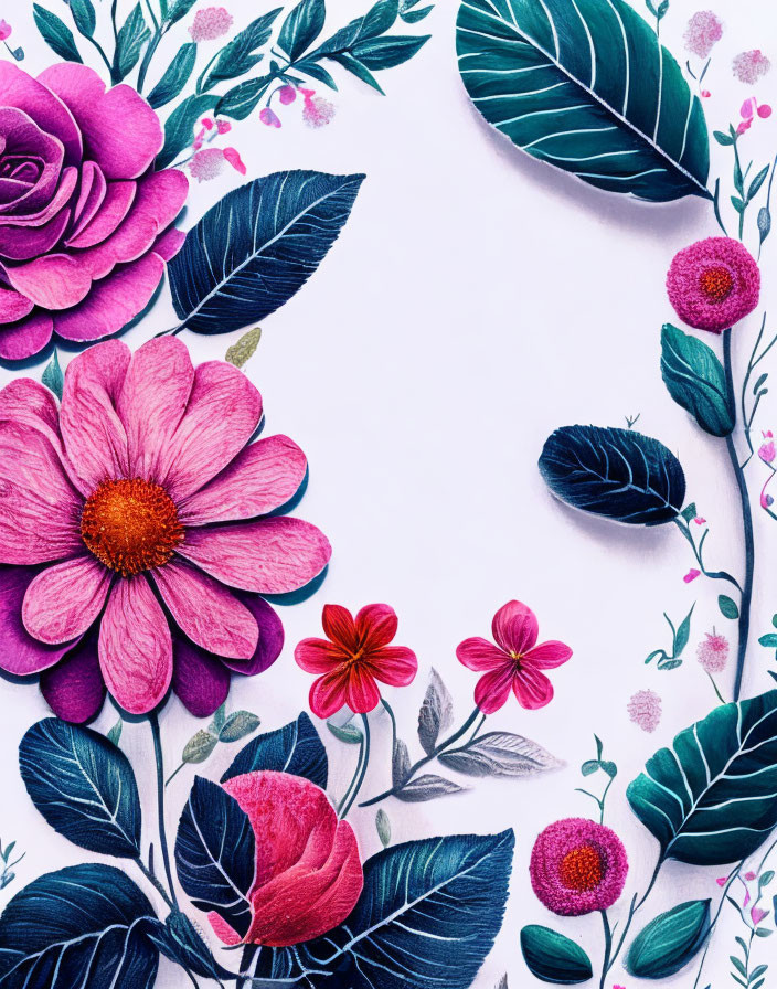 Colorful Floral Paper Art with Pink and Red Flowers on White Background